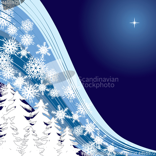 Image of Blue snowy background with Christmas trees and snowflakes