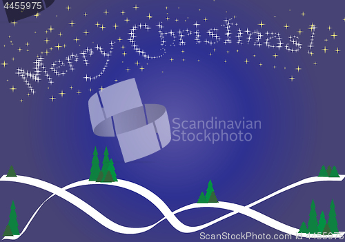 Image of Blue christmas background with stars, firtrees and Merry Christmas wish