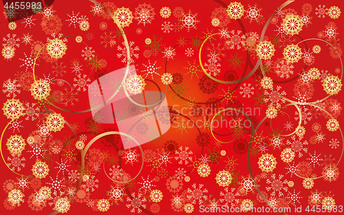 Image of Red Christmas card with snowflakes and curls