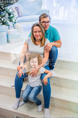 Image of Family portrait near christmas tree