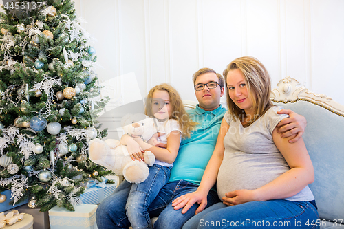 Image of Family portrait near christmas tree