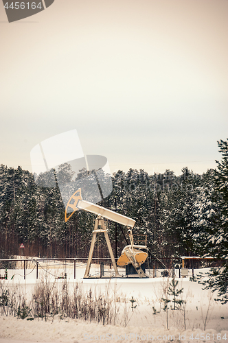 Image of Pump jack and oil rig situated in forest.