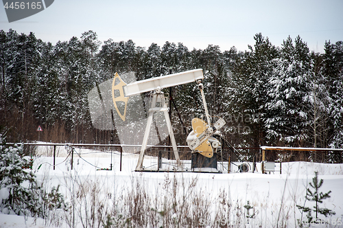 Image of Pump jack situated in forest.