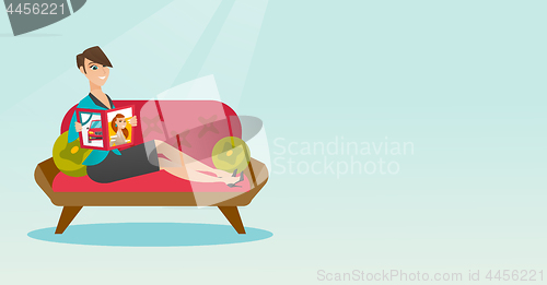 Image of Woman reading magazine on sofa vector illustration
