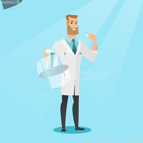 Image of Young caucasian doctor taking pills.
