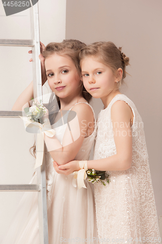 Image of Little pretty girls with flowers dressed in wedding dresses