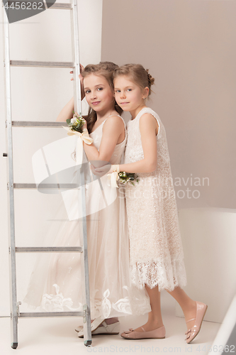 Image of Little pretty girls with flowers dressed in wedding dresses