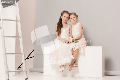 Image of Little pretty girls with flowers dressed in wedding dresses