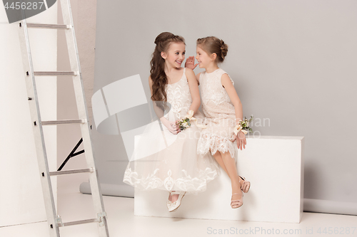 Image of Little pretty girls with flowers dressed in wedding dresses