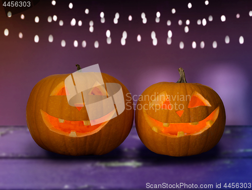 Image of close up of halloween pumpkins on table