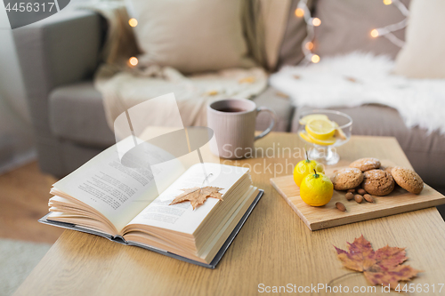 Image of book, lemon, tea and cookies on table at home