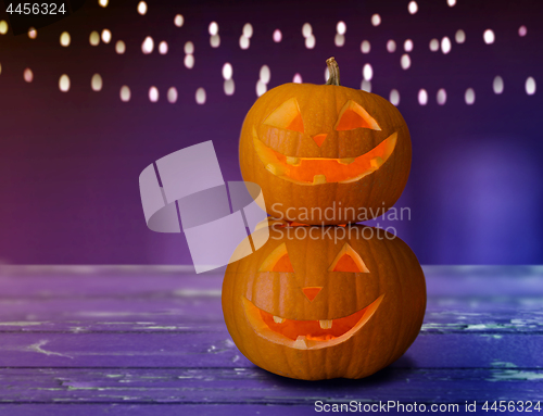 Image of close up of halloween pumpkins on table