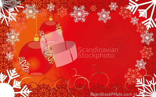 Image of Red Christmas card with snowflakes and baubles