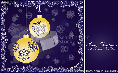Image of Blue christmas background with gold baubles and snowflakes
