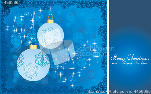 Image of Blue Christmas card with baubles, wish of Merry Christmas and place for text