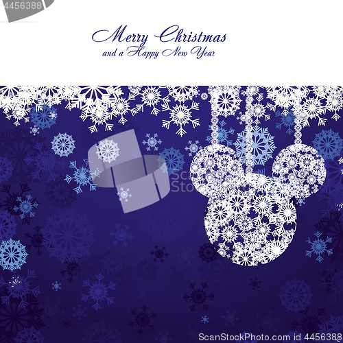 Image of Merry Christmas and Happy New Year! Christmas card with snowflakes and christmas decorations on blue background