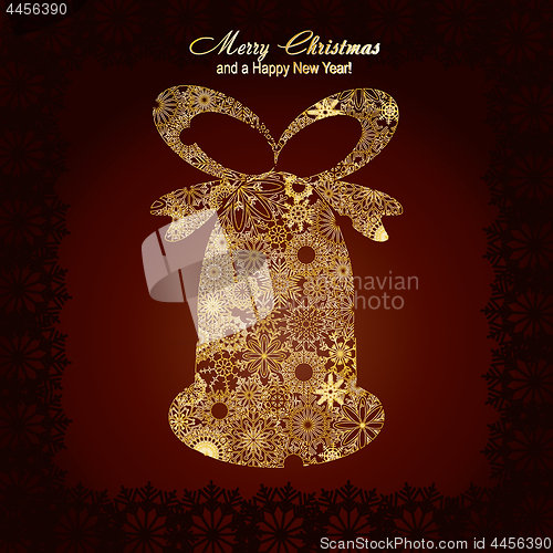 Image of Christmas bell made from gold snowflakes on brown background