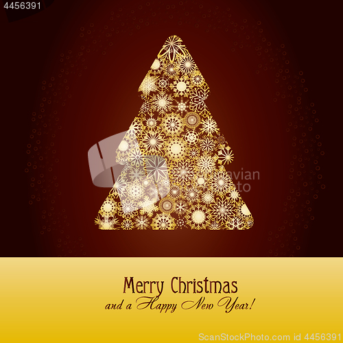 Image of Christmas greetings card with fir tree made from gold snowflakes on brown background