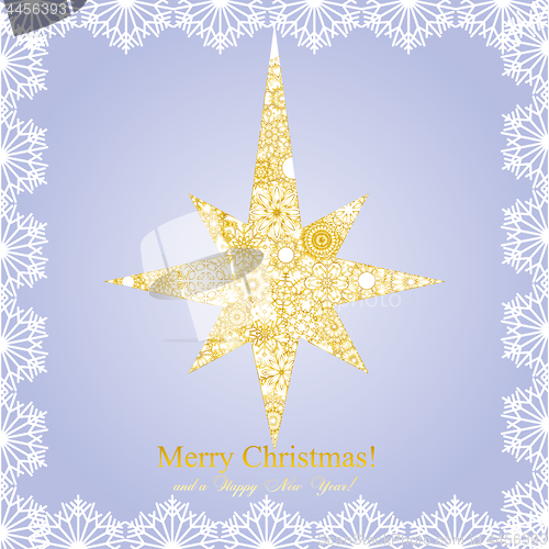 Image of Christmas golder star mage from snowflakes on blue background and a wish of Merry Christmas