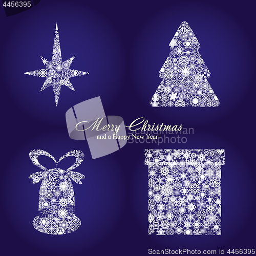 Image of Christmas card with fir tree, star, gift box and bell made from silver snowflakes