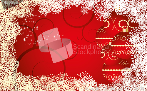 Image of Red Christmas card with snowflakes, baubles and curls