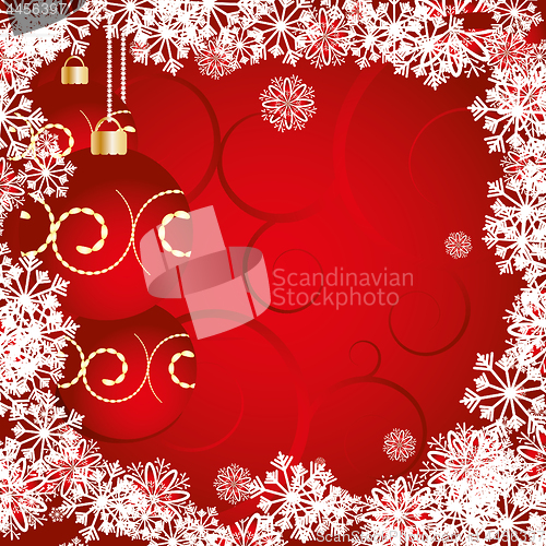 Image of Red Christmas card decorated with snowflakes, baubles and curls