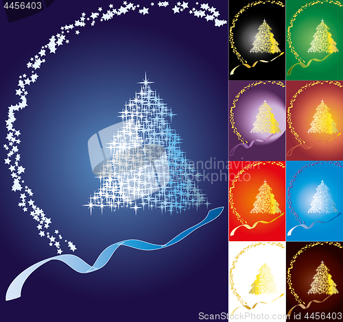 Image of Set of Christmas greetings card with fir tree made from stars on colored backgrounds