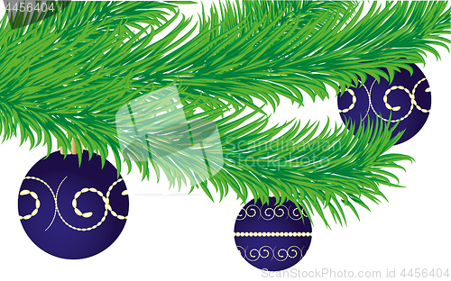 Image of Christmas greetings card with fir tree branch decorated with baubles