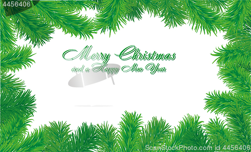 Image of Christmas greetings card with fir tree branches and a wish of Merry Christmas and A HAppy New Year