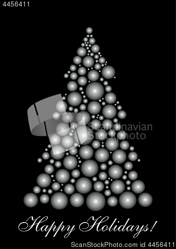 Image of Christmas Card with unusual Silver Christmas Tree on black background  and wish of Happy Holidays