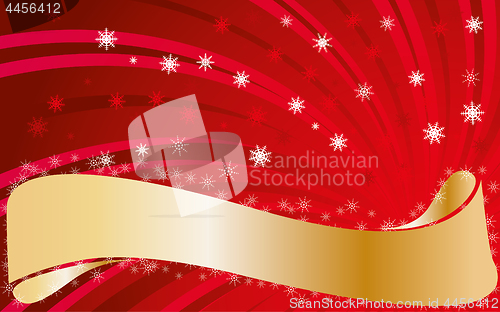 Image of Red christmas background with snowflakes and golden ribbon for greetings