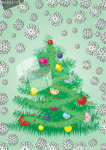 Image of Background with funny firtree decorated with snowflakes