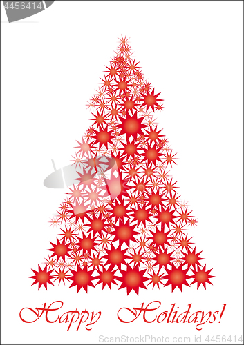 Image of Christmas Card with unusual Red Christmas Tree and wish of Happy Holidays