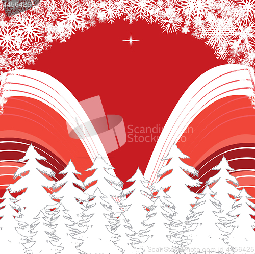 Image of New Year red background with snowy Forest and snowflakes