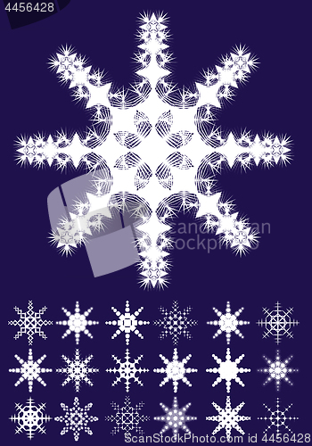 Image of Set of snowflakes on blue background, part 1
