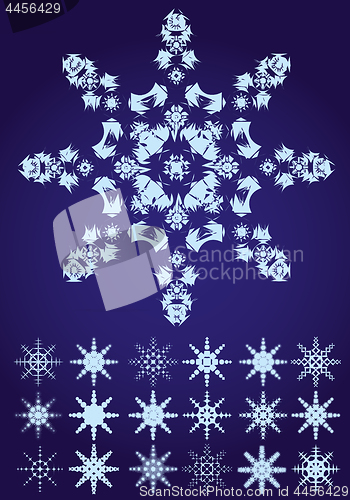 Image of Set of snowflakes on blue background, part 2