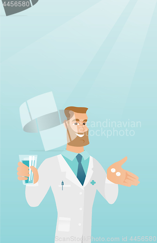 Image of Pharmacist giving pills and a glass of water.