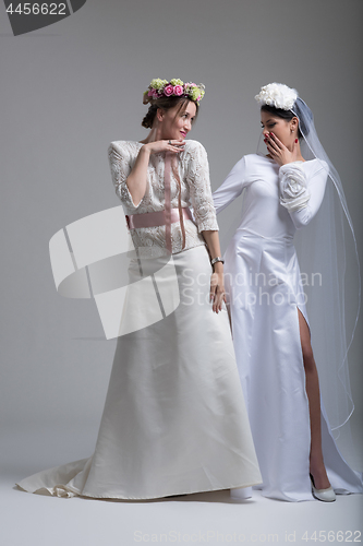 Image of Portrait of two beautiful young bride in wedding dresses