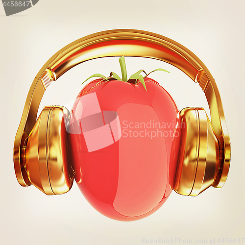 Image of tomato with headphones. 3D illustration. Vintage style