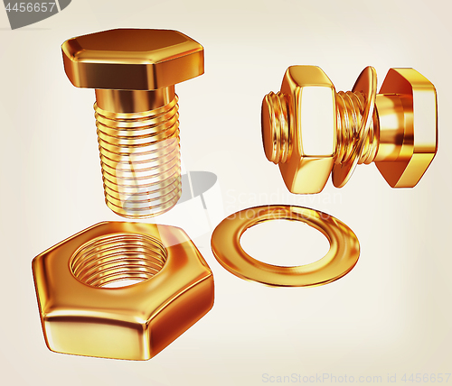 Image of Gold Bolt with nut. 3d illustration. Vintage style