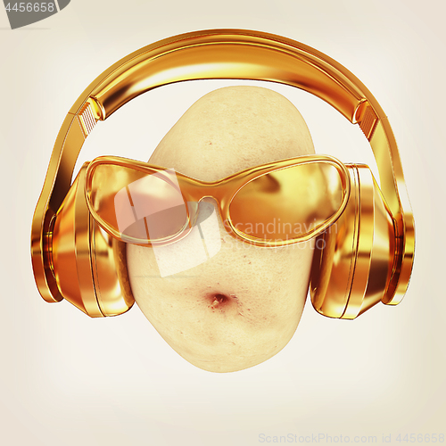 Image of potato with sun glass and headphones front \"face\" on a white bac