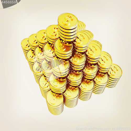 Image of pyramid from the golden coins. 3d illustration. Vintage style