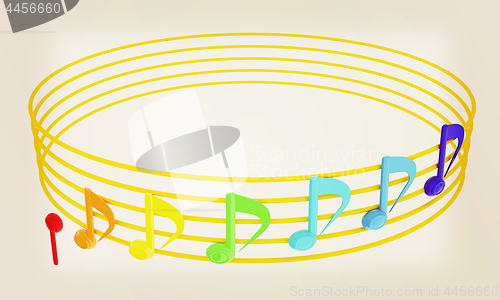 Image of Various music notes on stave. Colorfull 3d. 3D illustration. Vin