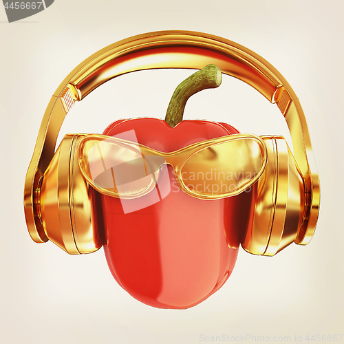 Image of Bell peppers with sun glass and headphones front \"face\" on a whi