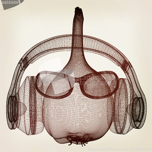 Image of Head of garlic with sun glass and headphones front \"face\" on a w