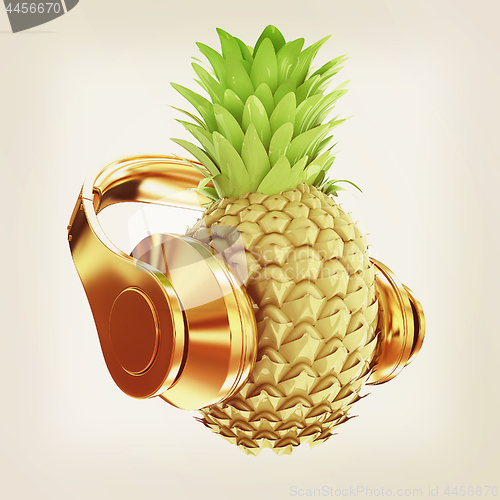 Image of Fashion gold pineapple with headphones listens to music. 3d illu