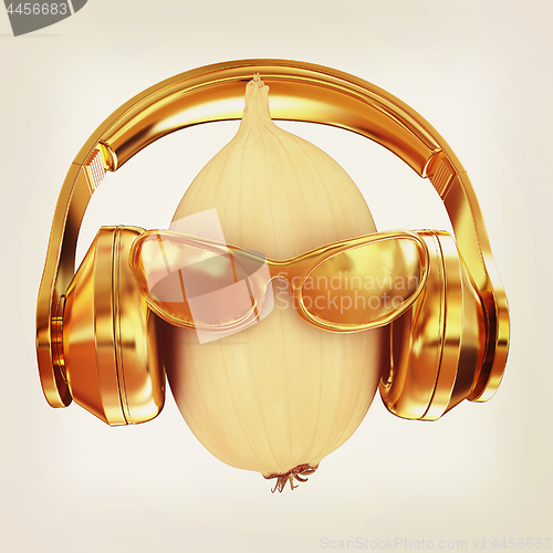 Image of Ripe onion with gold sun glass and gold headphones front \"face\" 