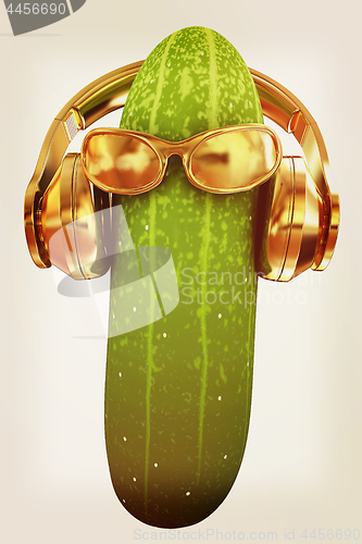 Image of cucumber with sun glass and headphones front \"face\" on a white b