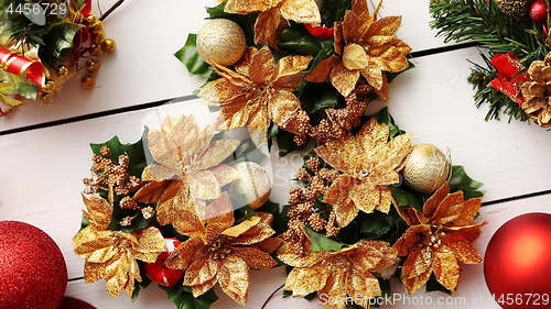 Image of Christmas Wreath on White Wooden Background