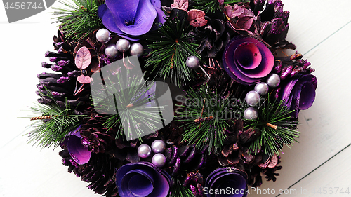 Image of Christmas Wreath on White Wooden Background